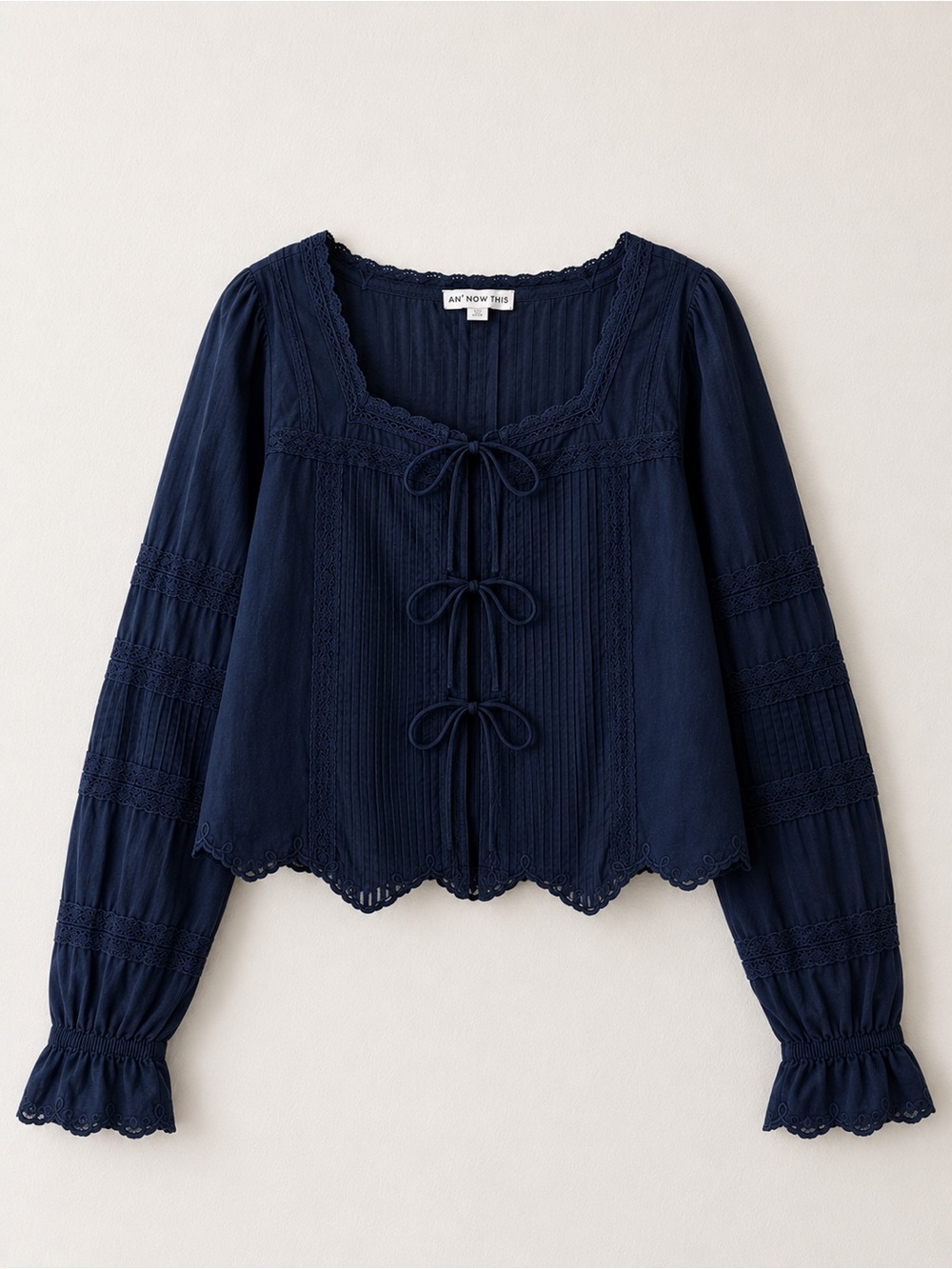 NWT And Now This Navy Blue Cotton Scallop Hem Blouse Size Small